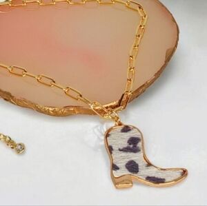 Gold Choker Paperclip Chain Necklace with Cow Print Boot Pendant Cowboycore